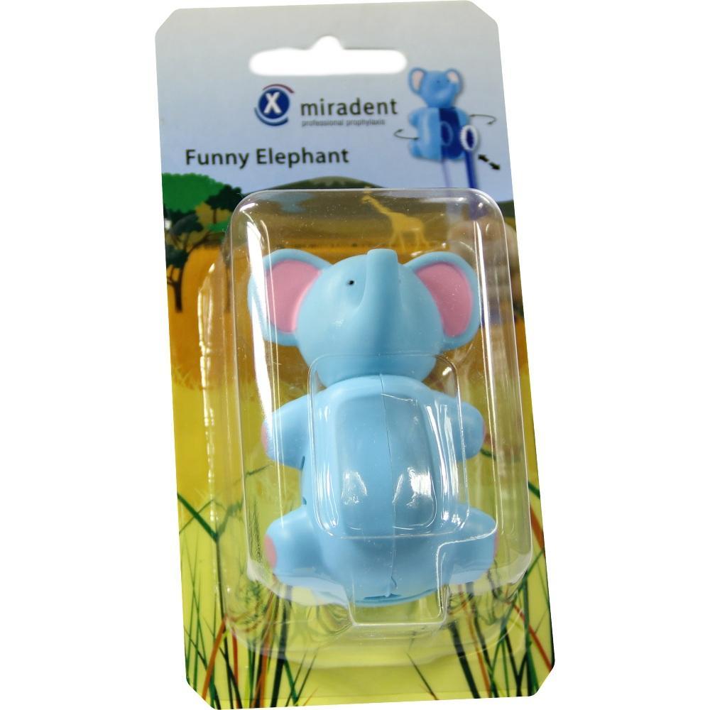 Eine Spielzeug-Verpackung mit einem blauen Elefanten aus Plastik.