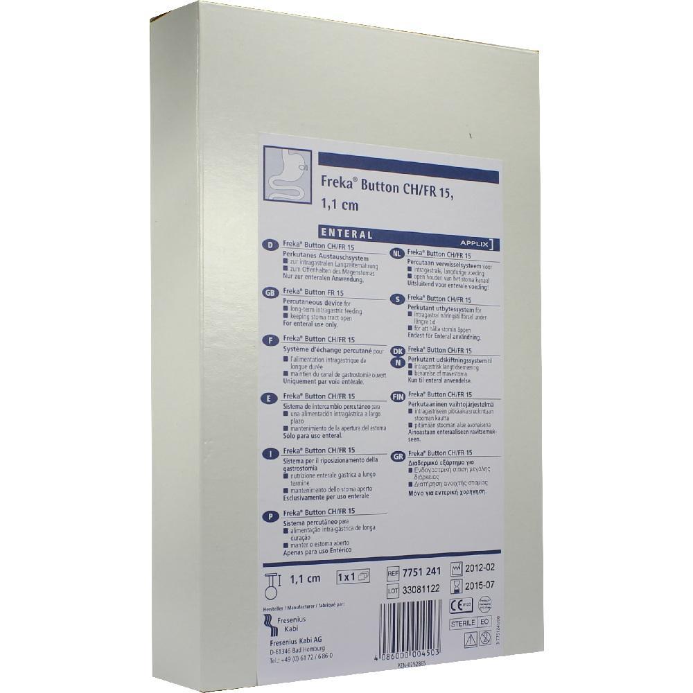 Wei&szlig;e Verpackung mit mehrsprachiger Anleitung f&uuml;r ein medizinisches Produkt namens Freka Button.