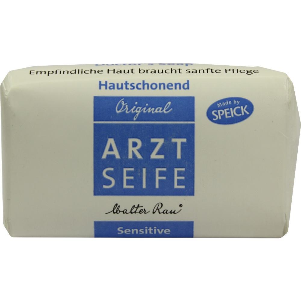 Eine Packung Arztseife mit blau-weißer Aufschrift für empfindliche Haut.