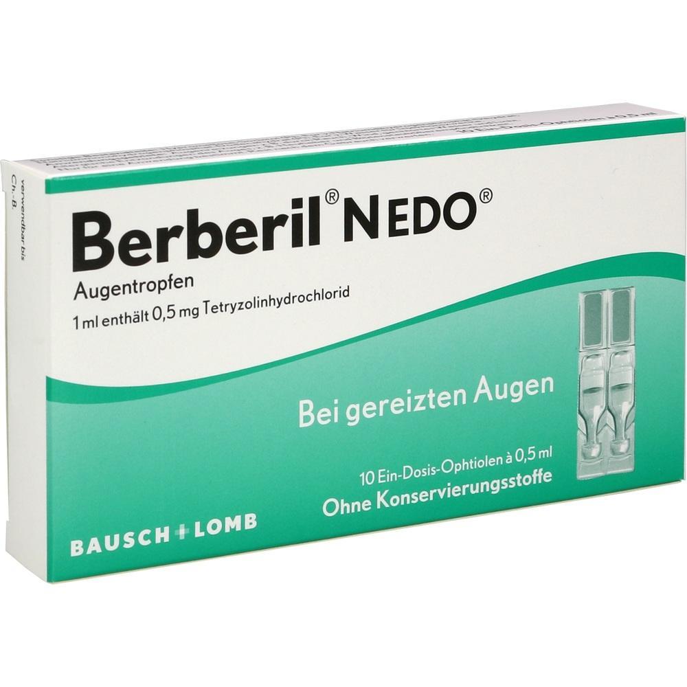 Verpackung von Berberil NEDO Augentropfen bei gereizten Augen.
