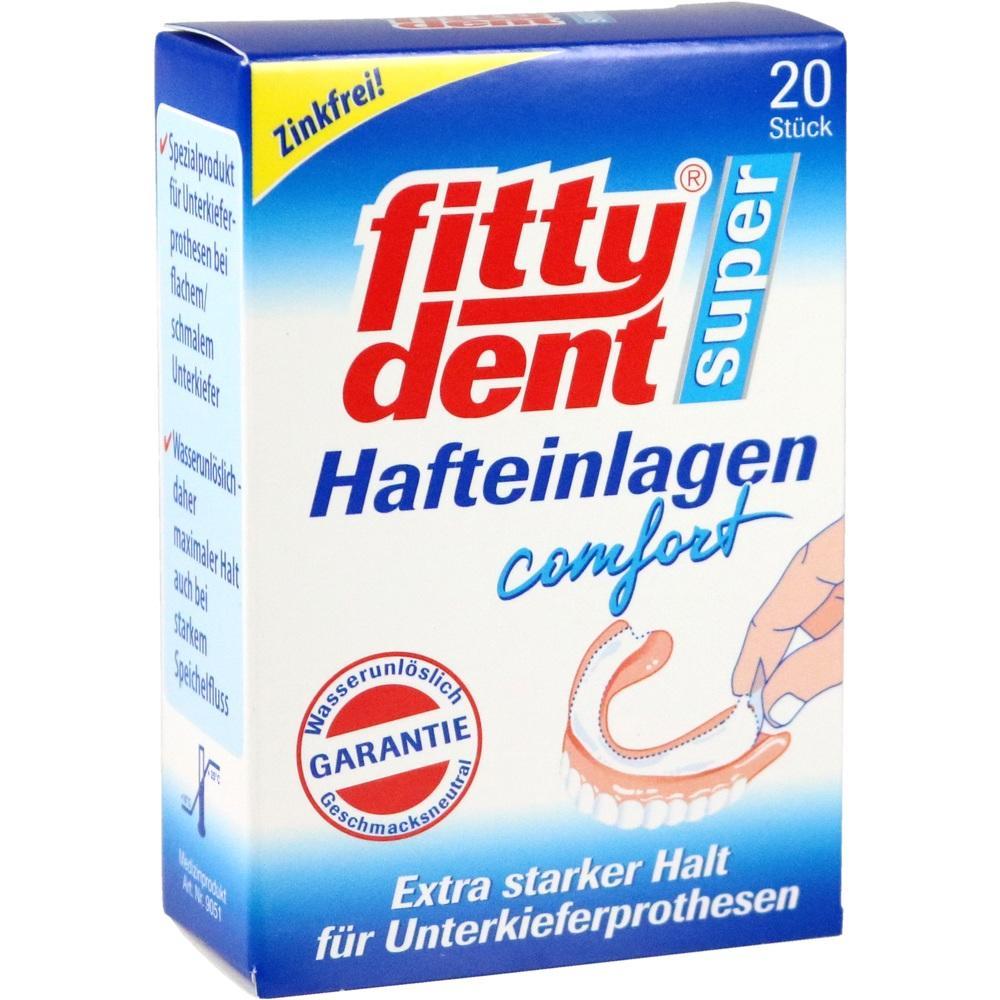 Verpackung von Haft-Einlagen für Zahnprothesen mit Bild einer Einlage und einem künstlichen Gebiss.