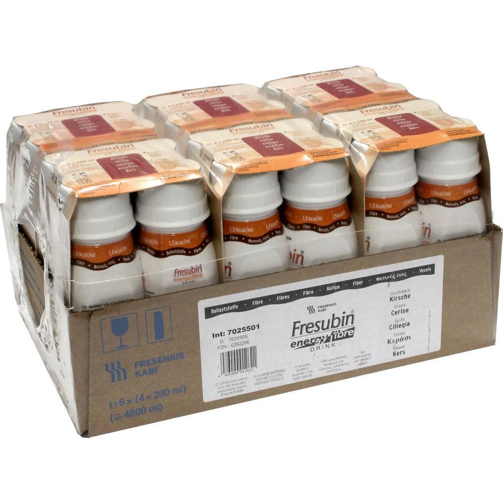 Eine Packung mit mehreren Flaschen Fresubin Energy Fibre Drink.