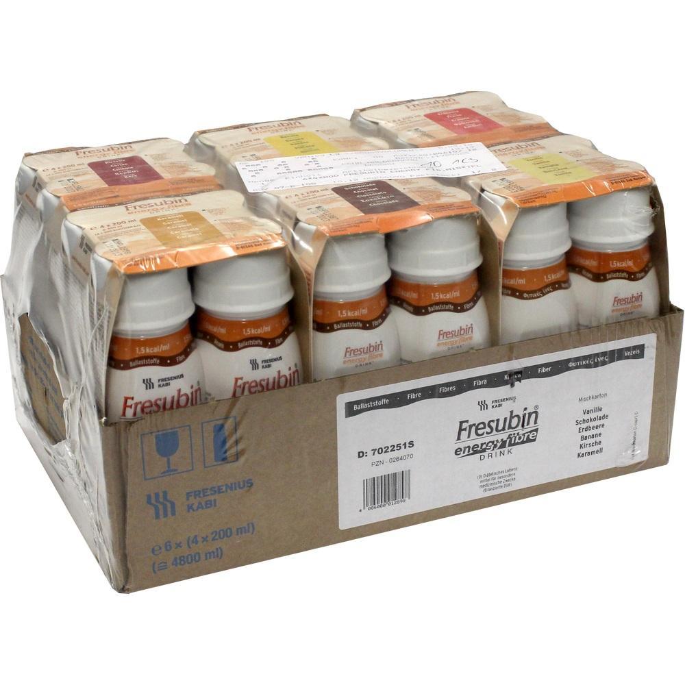 Ein Karton mit vielen Flaschen Fresubin Energy Fibre Drink.