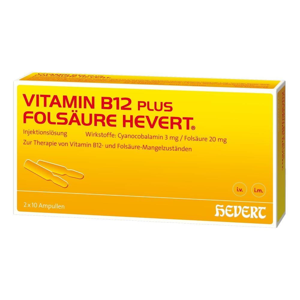 Gelbe Packung mit Vitamin B12- und Folsäure-Injektionen von Hevert.