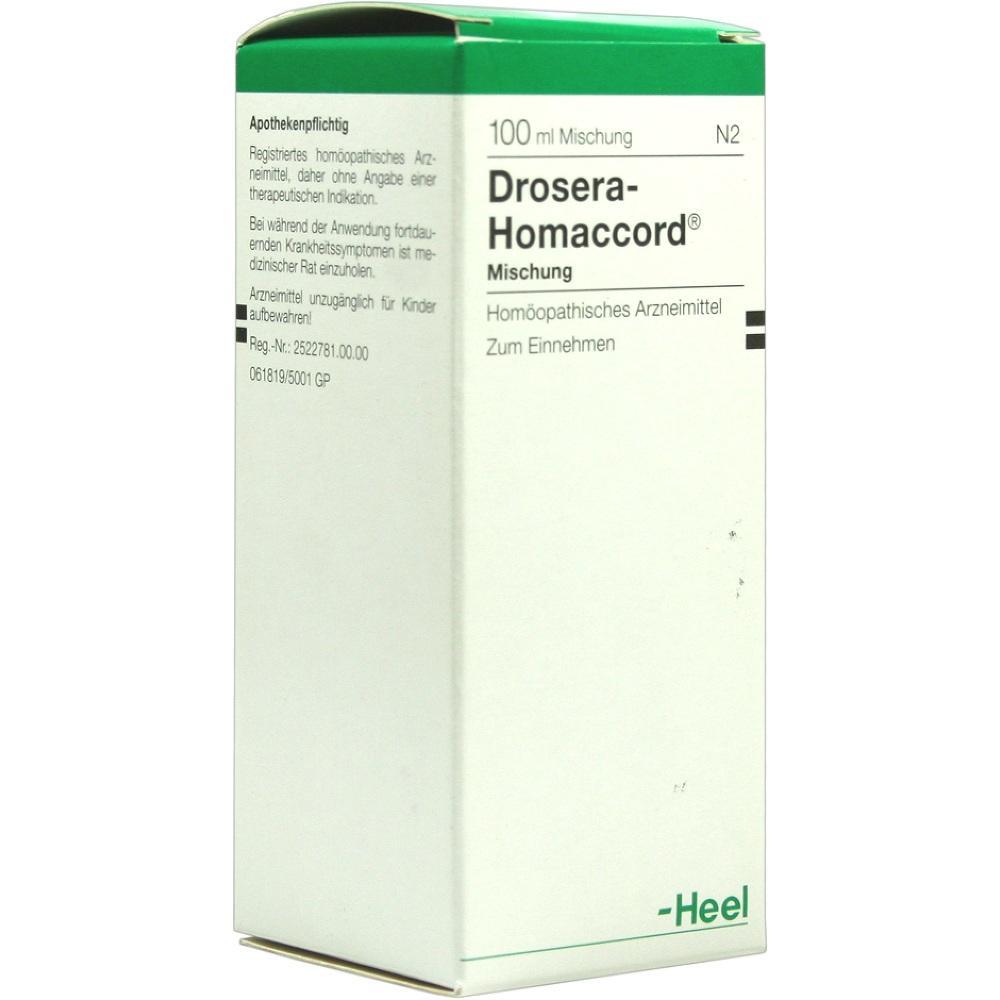 Eine Schachtel eines homöopathischen Mittels namens Drosera-Homaccord.