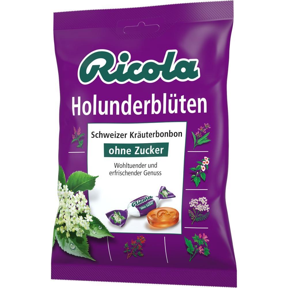 Lila Packung mit zuckerfreien Schweizer Kräuterbonbons, Holunderblüten-Geschmack.