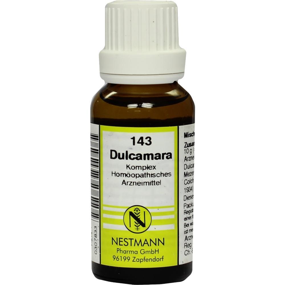 Braunes Fl&auml;schchen mit Etikett "143 Dulcamara", ein hom&ouml;opathisches Arzneimittel.