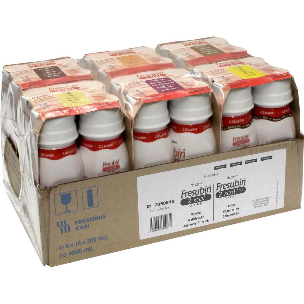 Eine Packung mit mehreren Flaschen Fresubin Trinknahrung in verschiedenen Geschmacksrichtungen.