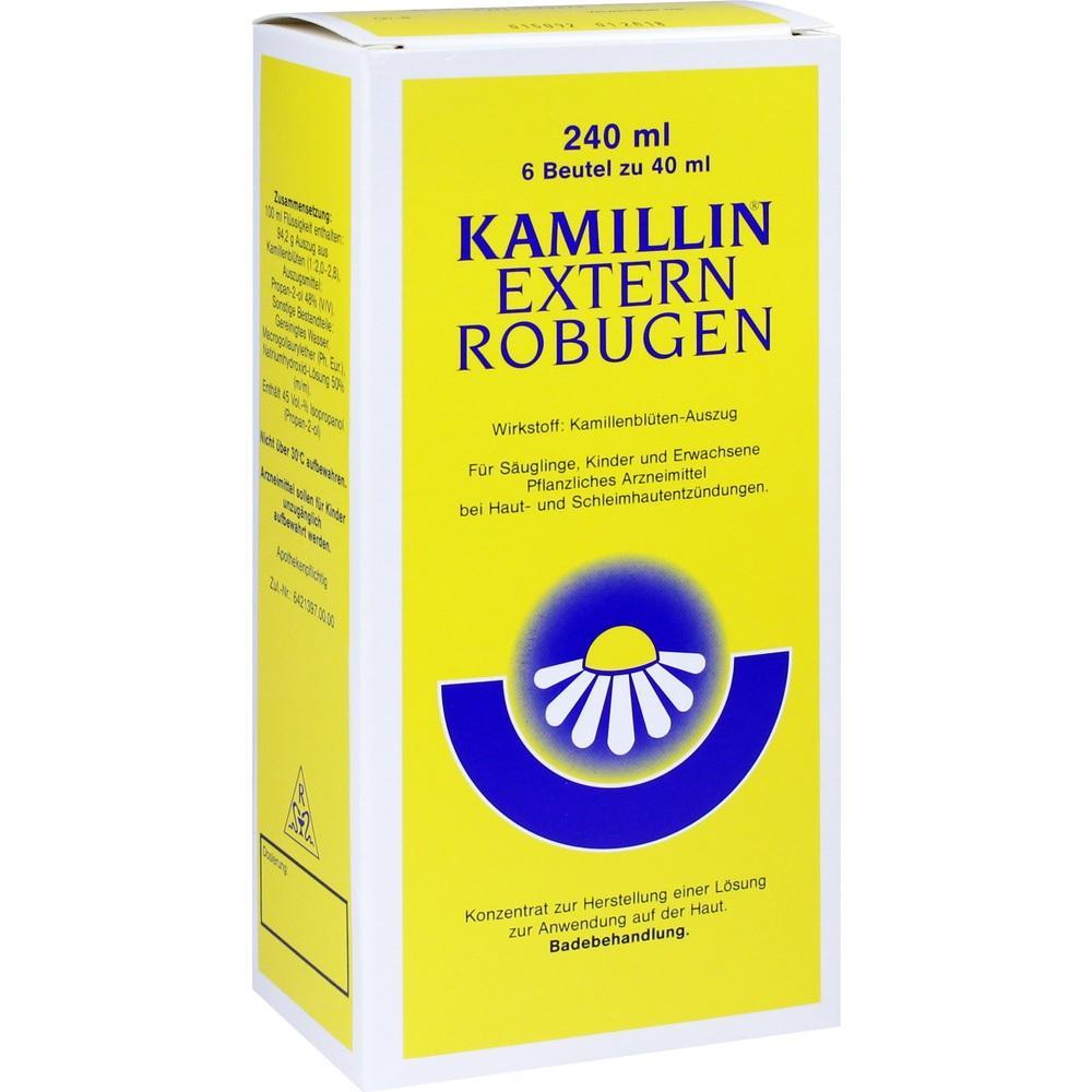 Gelbe Verpackung von Kamillin Extern Robugen mit blauem Logo und Text.