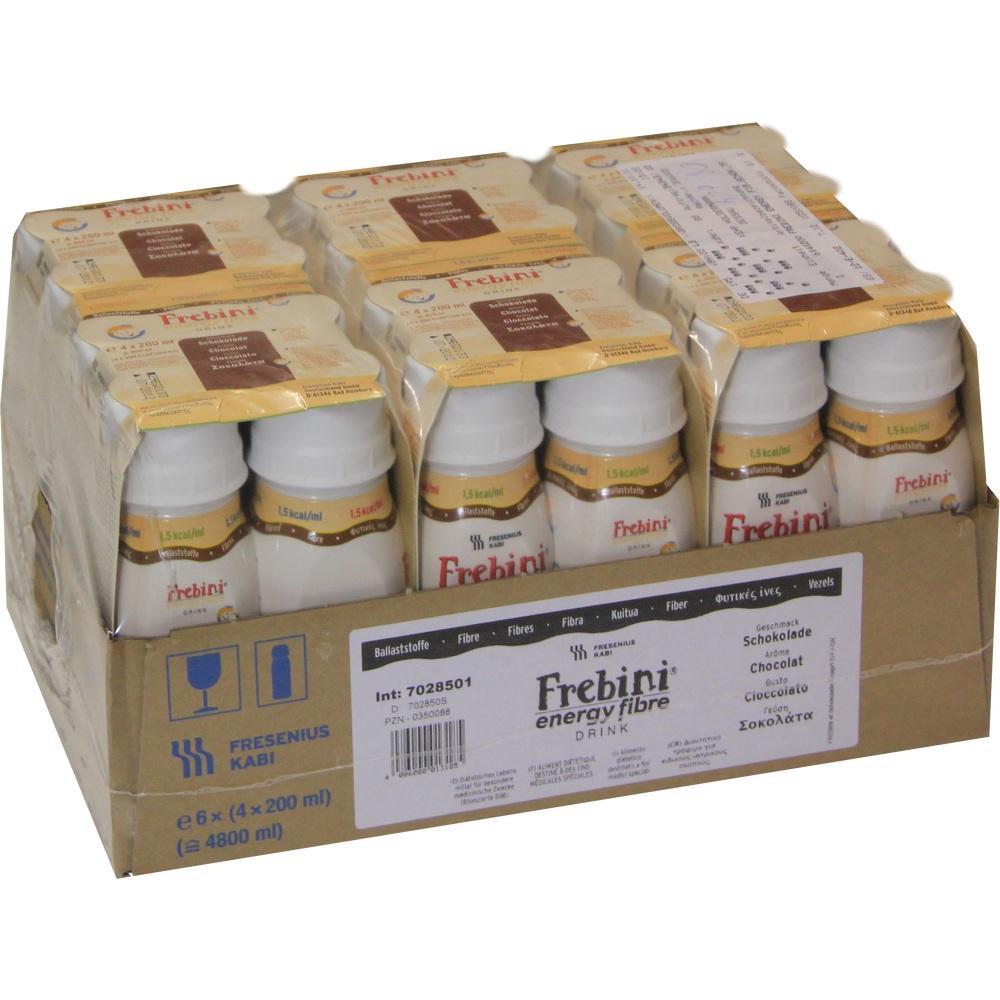 Packung mit zw&ouml;lf Flaschen Frebini Energy Fibre Drink in Schoko-Geschmack.