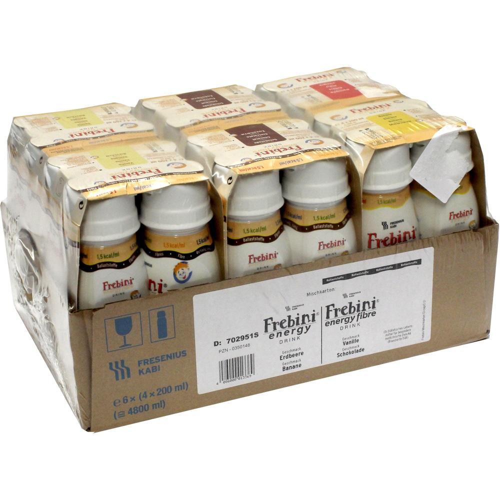 Ein Karton mit zw&ouml;lf Flaschen Frebini-Getr&auml;nk in verschiedenen Geschmacksrichtungen.
