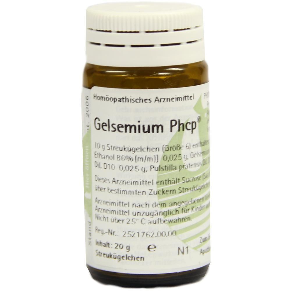 Braunes Fl&auml;schchen mit dem Etikett "Gelsemium Phcp", ein hom&ouml;opathisches Arzneimittel.