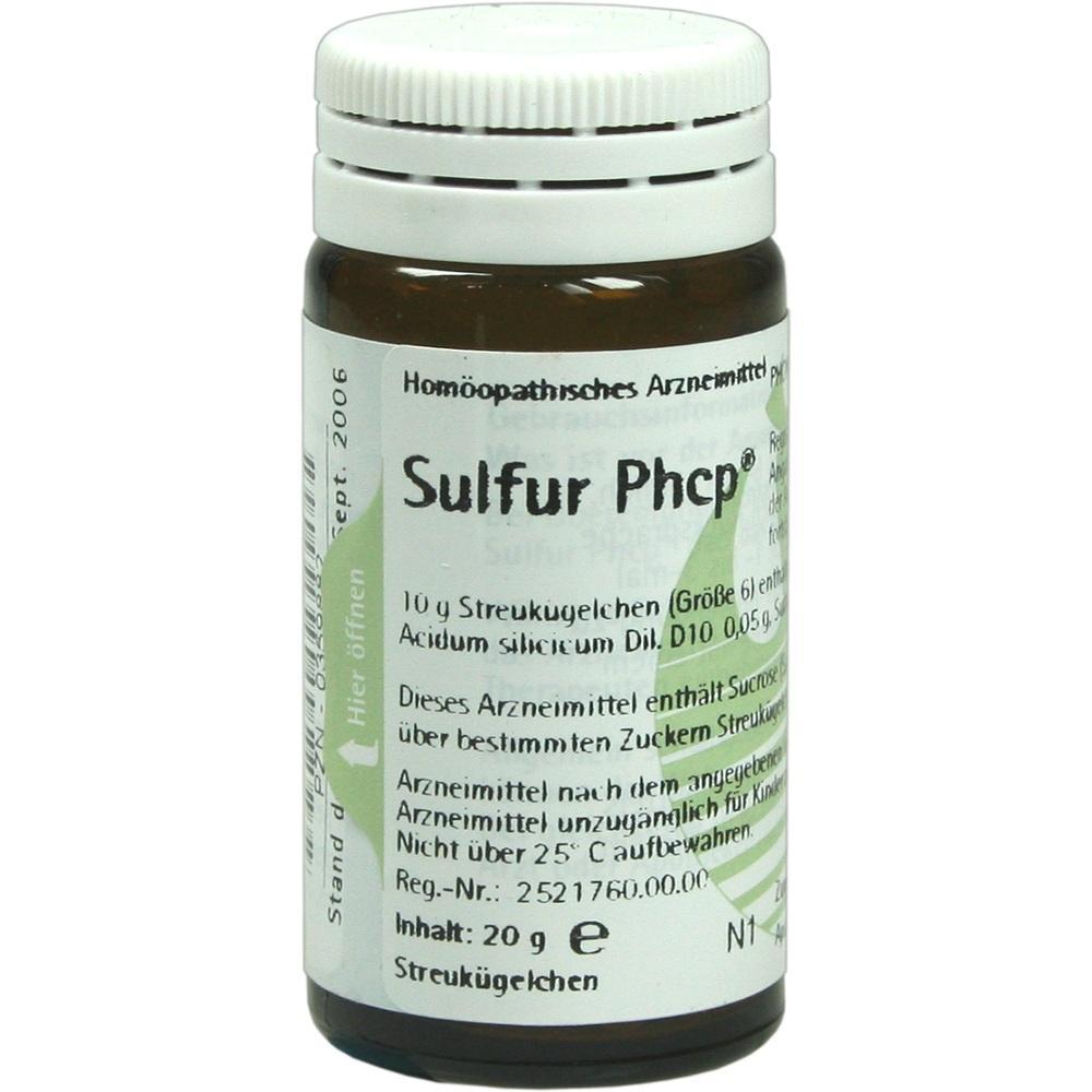 Ein braunes Glas mit homöopathischen Streukügelchen namens "Sulfur Phcp".