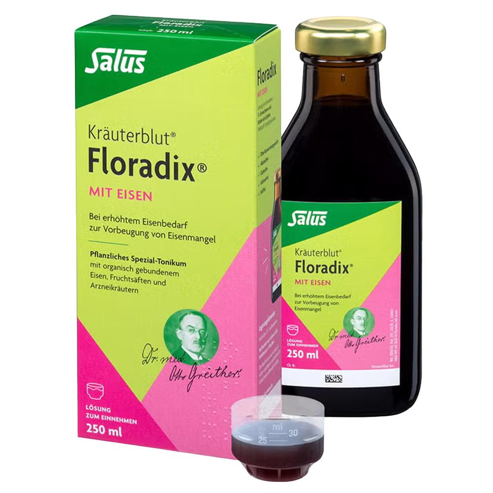 Eine Flasche und Verpackung eines Kr&auml;uter-Tonikums namens Floradix mit Eisen.