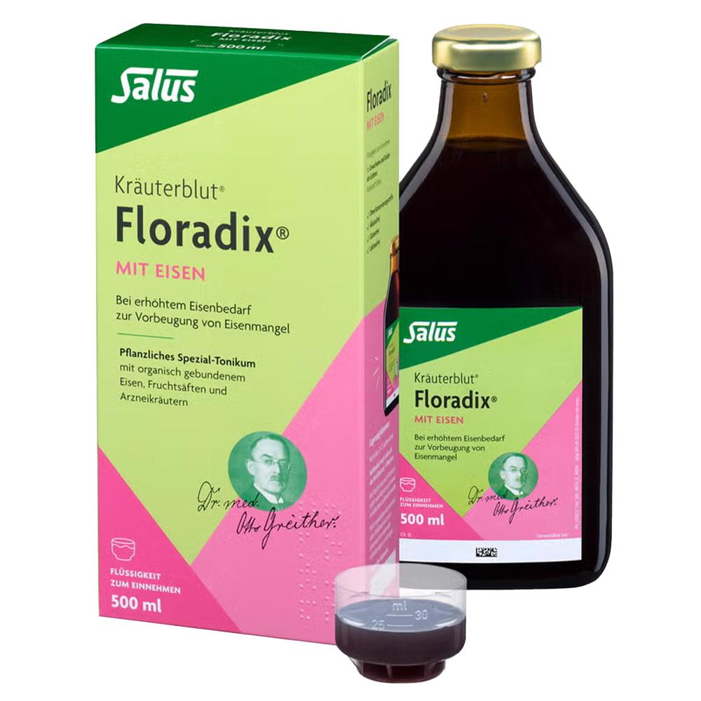 Eine gr&uuml;ne und rosa Verpackung und Flasche von Floradix, einem fl&uuml;ssigen Eisensupplement.
