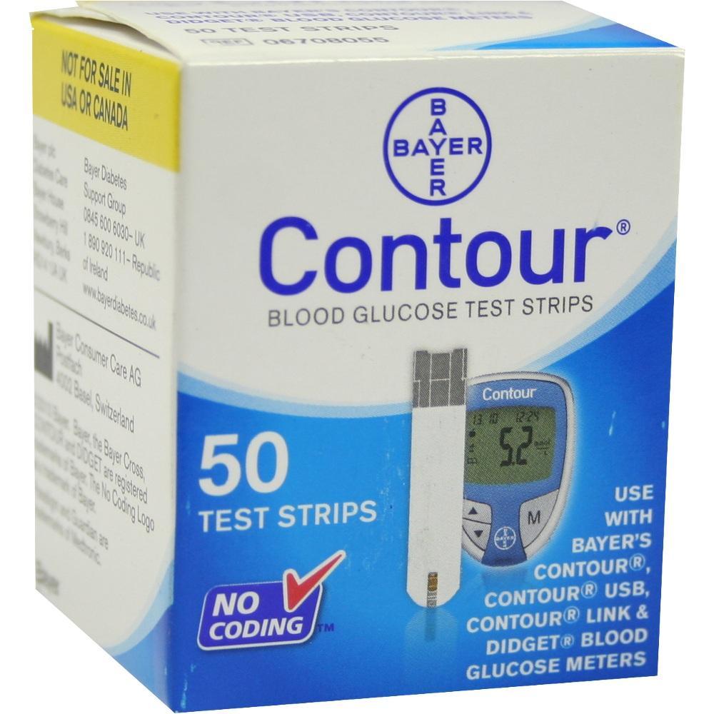 Wei&szlig;e Box mit Blutzuckerteststreifen und einem Bild eines Messger&auml;ts.