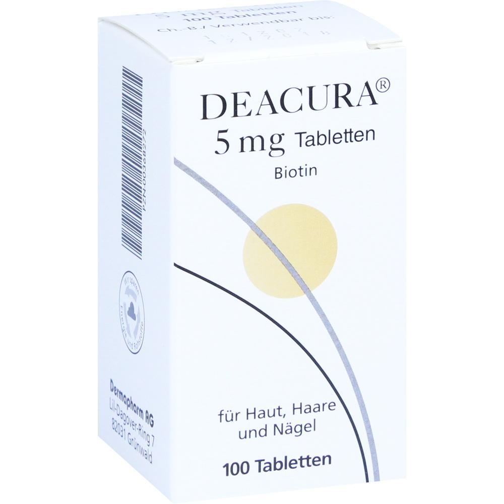 Eine Medikamentenschachtel mit 5 mg Biotin-Tabletten für Haut, Haare und Nägel.