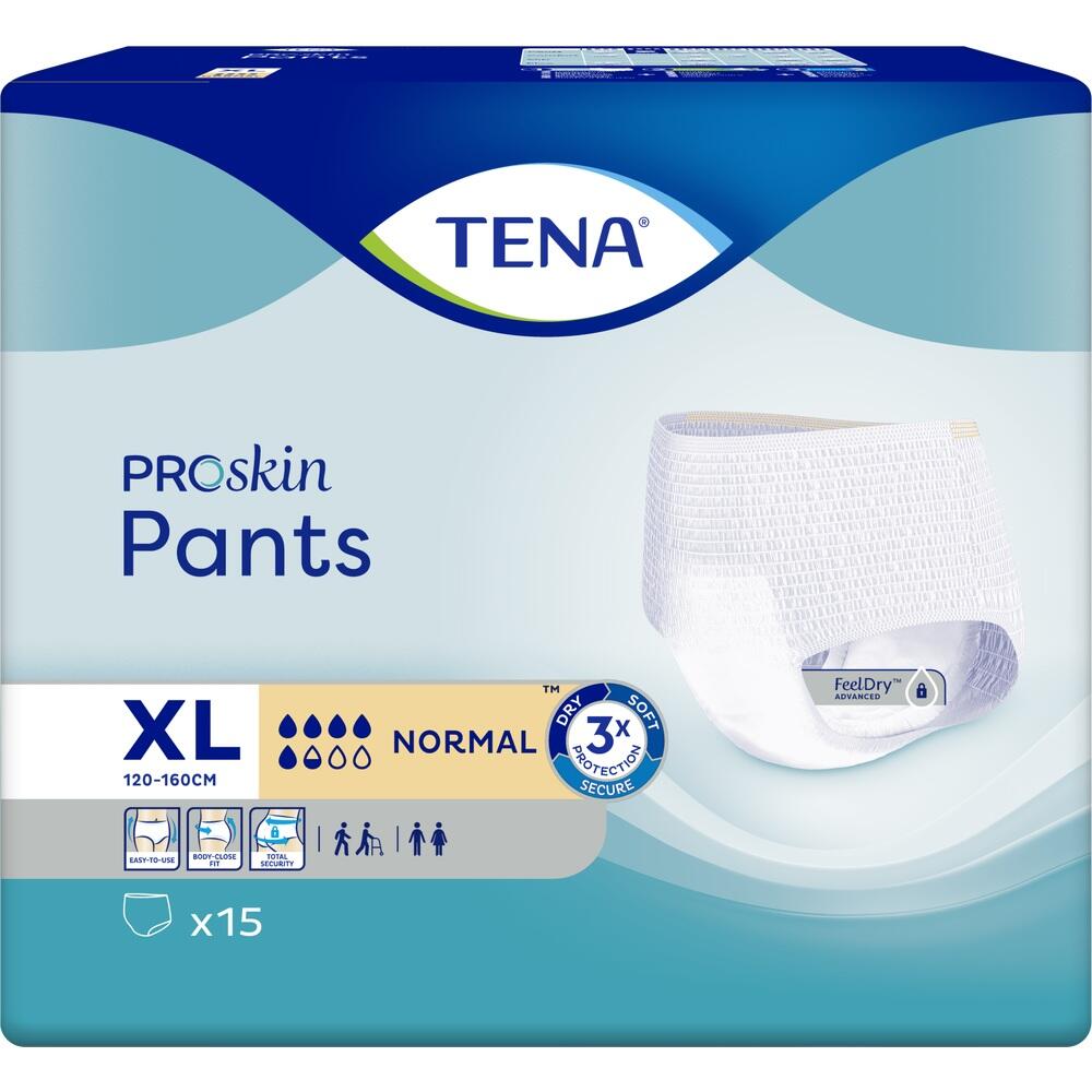 Verpackung von TENA ProSkin Pants in Gr&ouml;&szlig;e XL mit 15 St&uuml;ck, abgebildet ist eine Inkontinenzhose.
