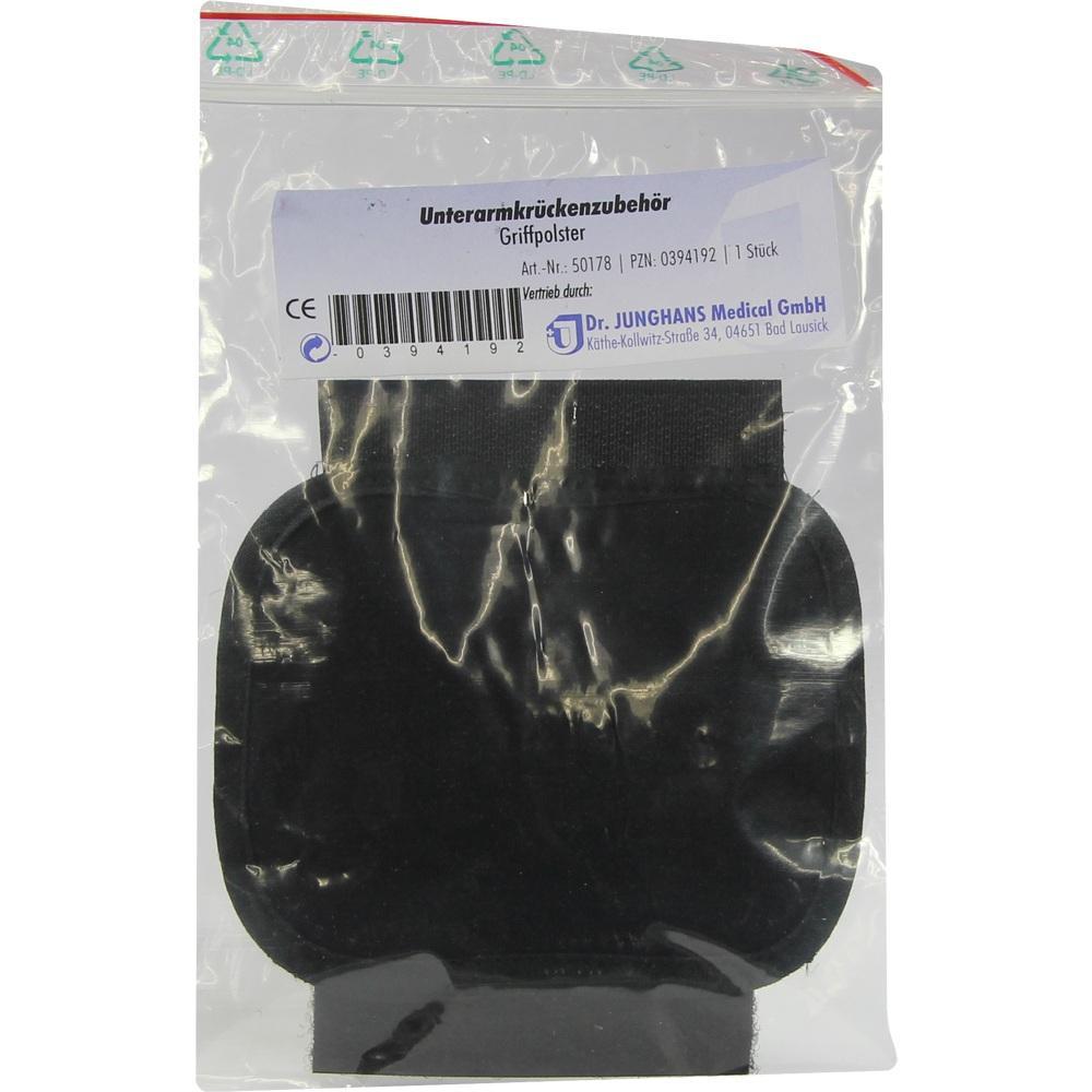 Eine schwarze Polsterung für Unterarmgehstützen in einer Plastikverpackung.