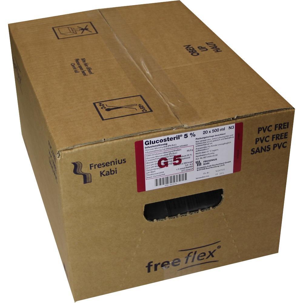 Ein brauner Karton mit dem Aufdruck "Glucosteril 5% Infusionsl&ouml;sung".