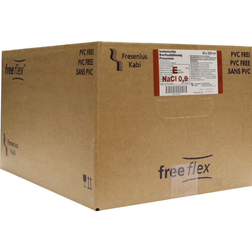Ein brauner Karton mit der Aufschrift "Fresenius Kabi" und "NaCl 0,9%".
