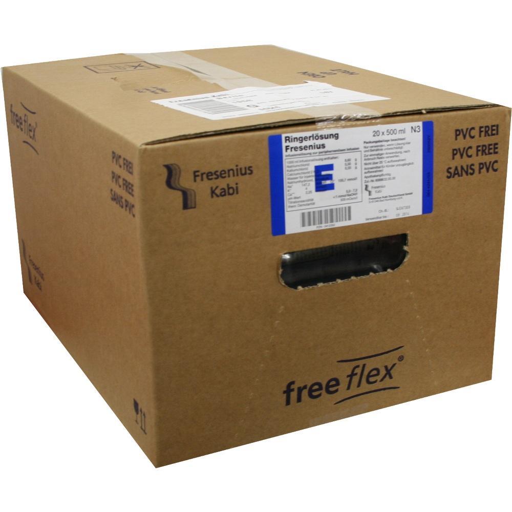 Brauner Karton mit der Aufschrift "Fresenius Kabi" und "freeflex", PVC-frei.