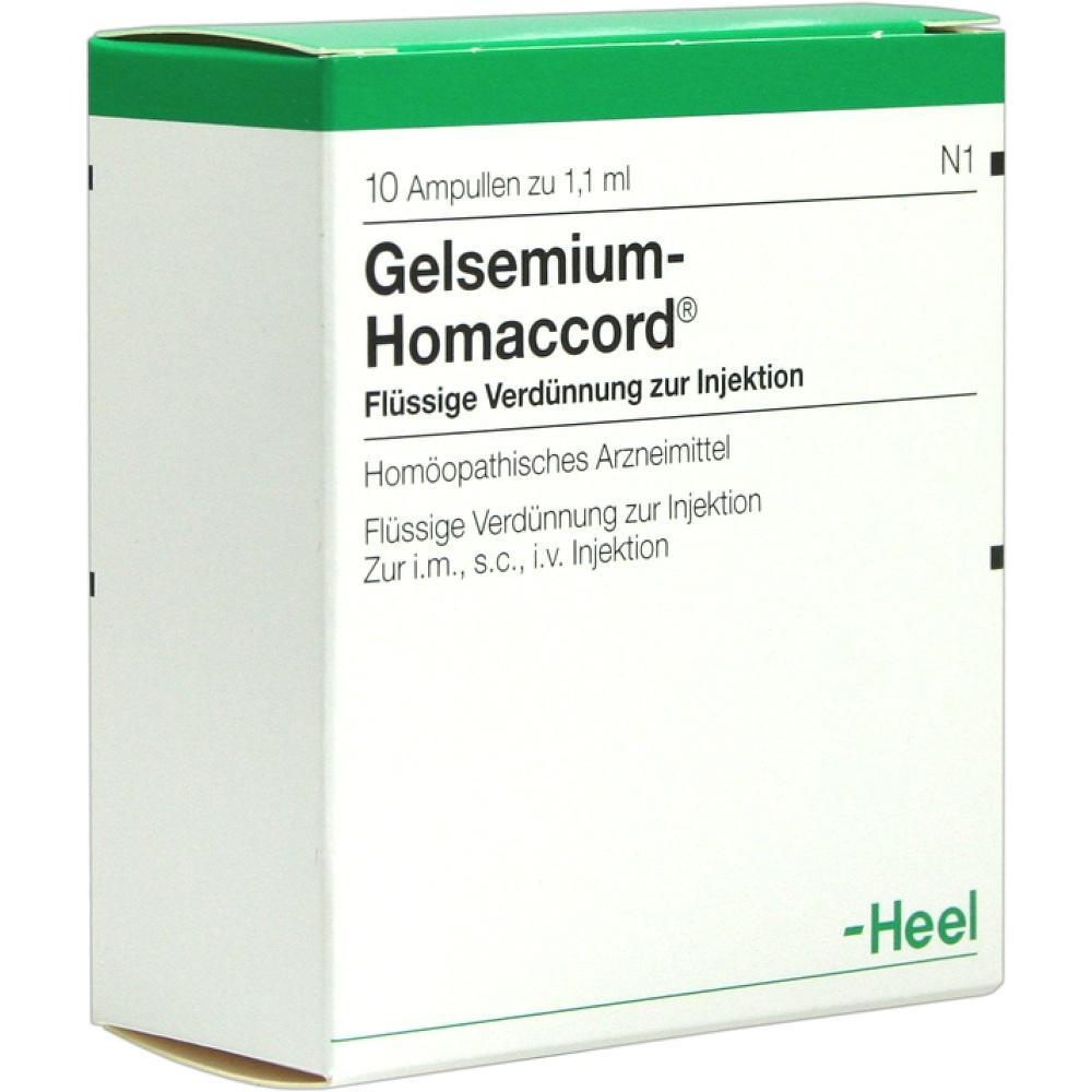 Packung mit 10 Ampullen eines homöopathischen Arzneimittels zur Injektion.