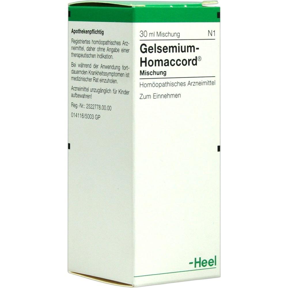 Weiße Medikamentenverpackung mit der Aufschrift "Gelsemium-Homaccord".