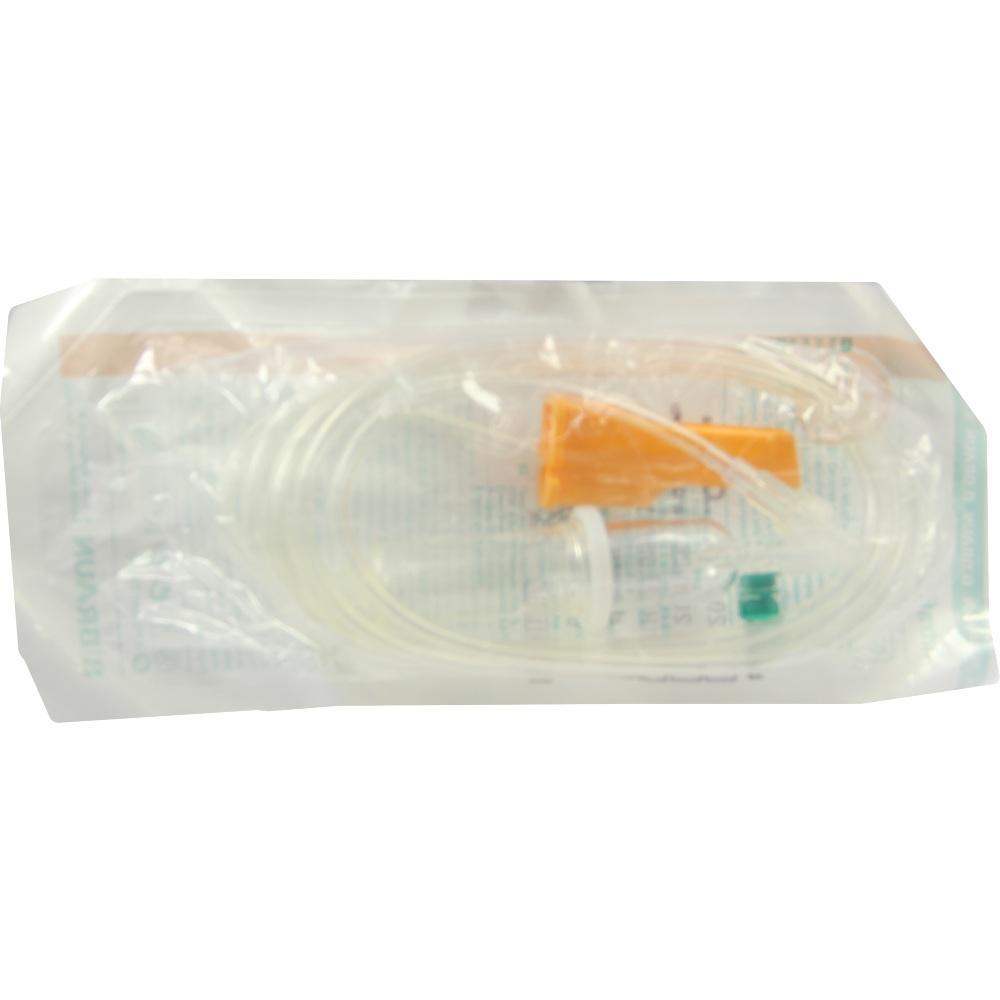 Ein verpackter Infusionsschlauch mit orangem Teil liegt in einer Plastikh&uuml;lle.