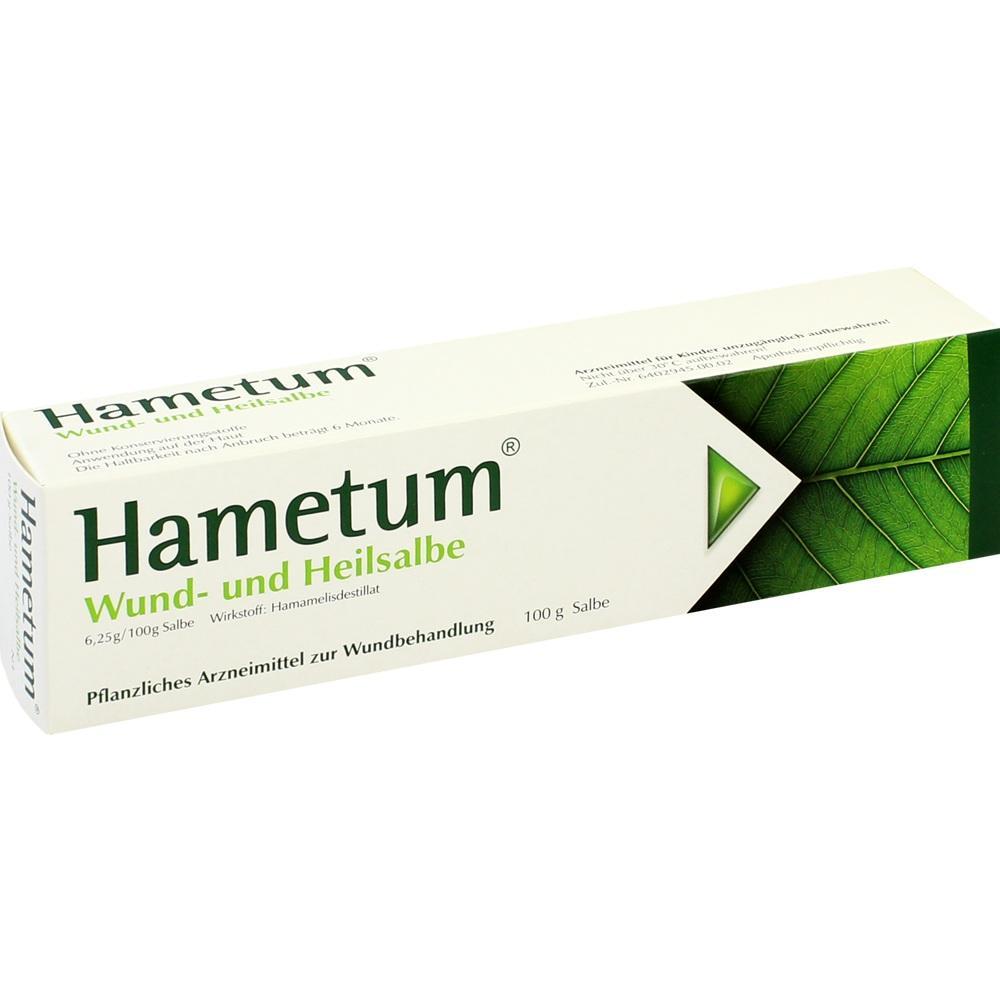 Eine Tube mit der Aufschrift "Hametum Wund- und Heilsalbe" und einem grünen Blatthintergrund.