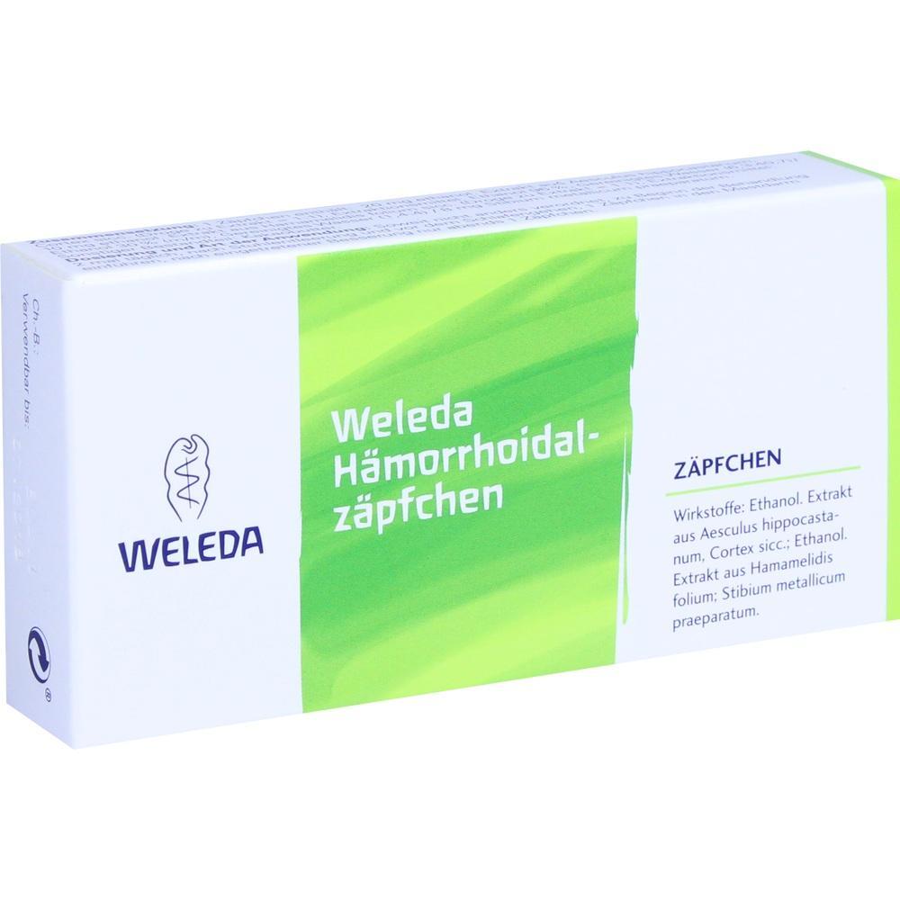 Grüne Packung von Weleda mit Hämorrhoiden-Zäpfchen.