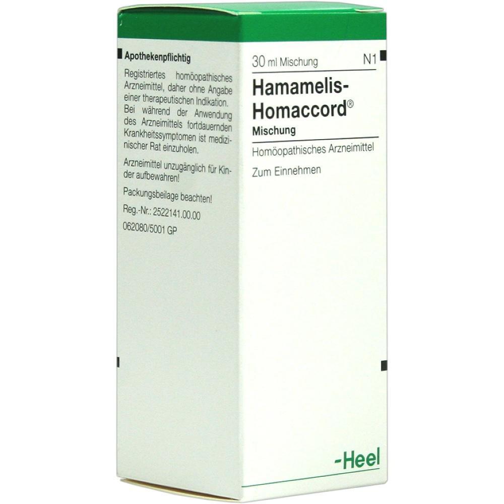 Eine grüne und weiße Medikamentenverpackung mit der Aufschrift "Hamamelis-Homaccord".