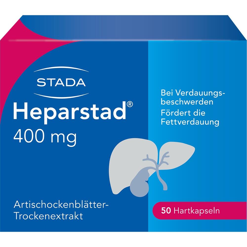 Die Packung zeigt ein Produkt für Verdauungsbeschwerden, mit 50 Kapseln.