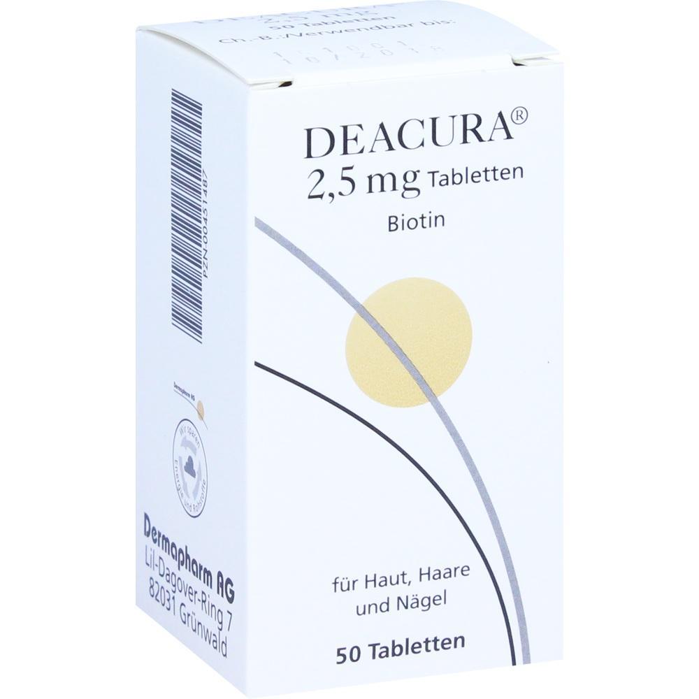 Schachtel mit 50 Tabletten Biotin für Haut, Haare und Nägel.