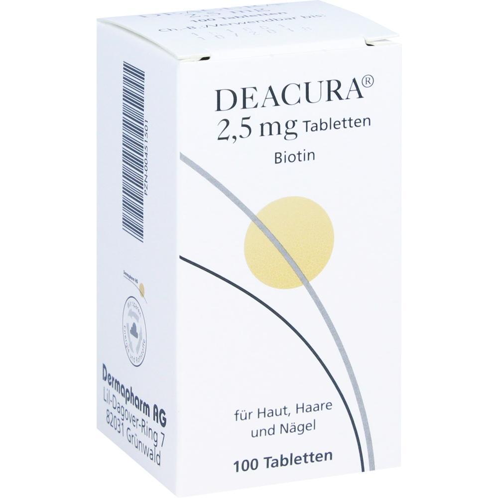 Wei&szlig;e Tablettenverpackung mit der Aufschrift "DEACURA, Biotin f&uuml;r Haut, Haare und N&auml;gel".