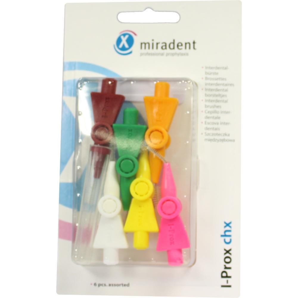 Verpackung mit sechs bunten Interdentalbürsten in verschiedenen Farben.