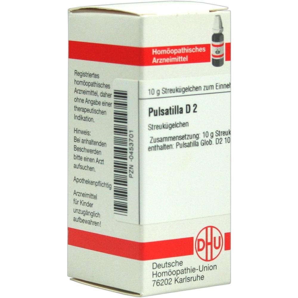 Schachtel mit homöopathischen Streukügelchen namens Pulsatilla D2.