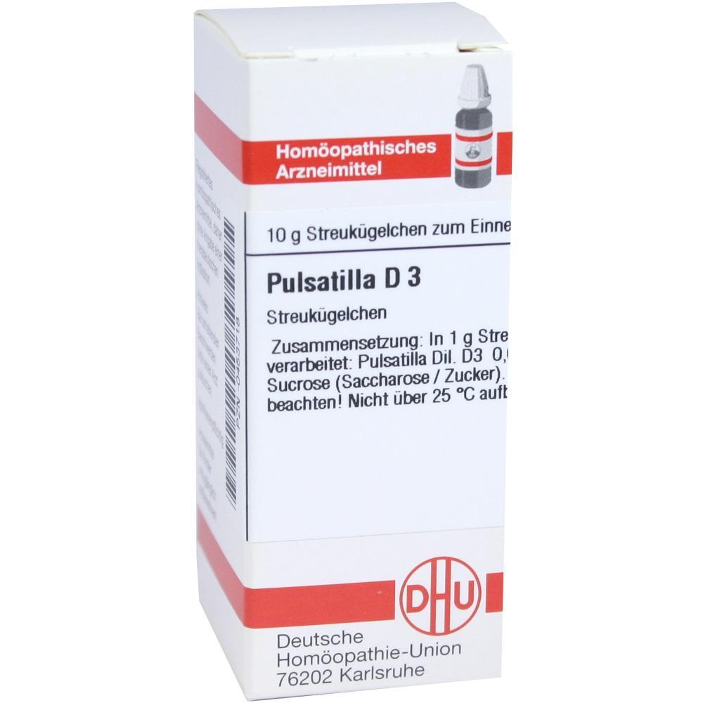 Verpackung von Pulsatilla D 3 Streukügelchen, einem homöopathischen Arzneimittel.