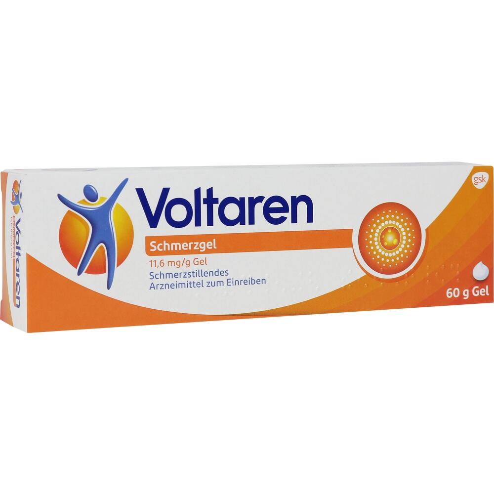 Eine Tube Voltaren Schmerzgel mit orangem und blauem Logo auf weißem Hintergrund.