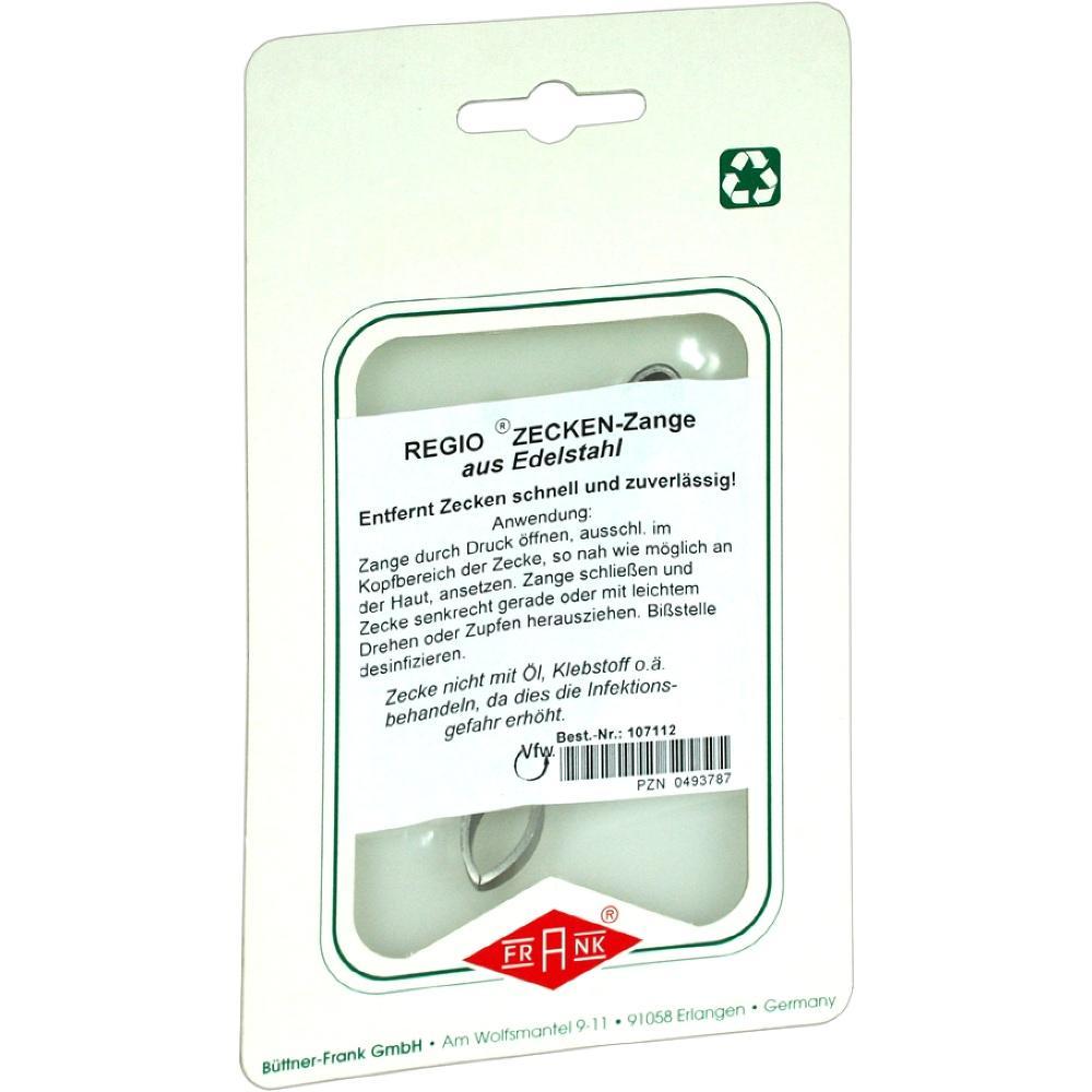 Verpackung einer Zeckenzange aus Edelstahl mit Anleitung auf der Vorderseite.