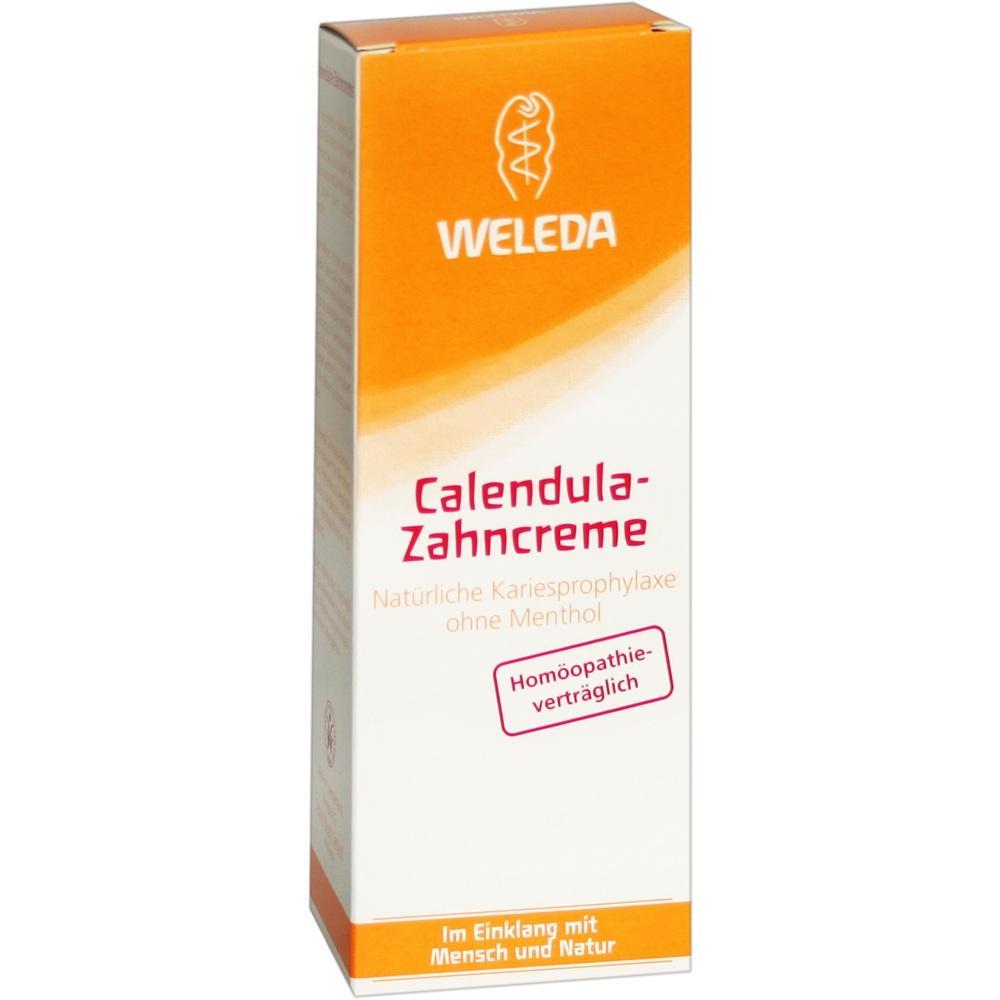 Eine Packung Calendula-Zahncreme der Marke Weleda in Orange und Weiß.