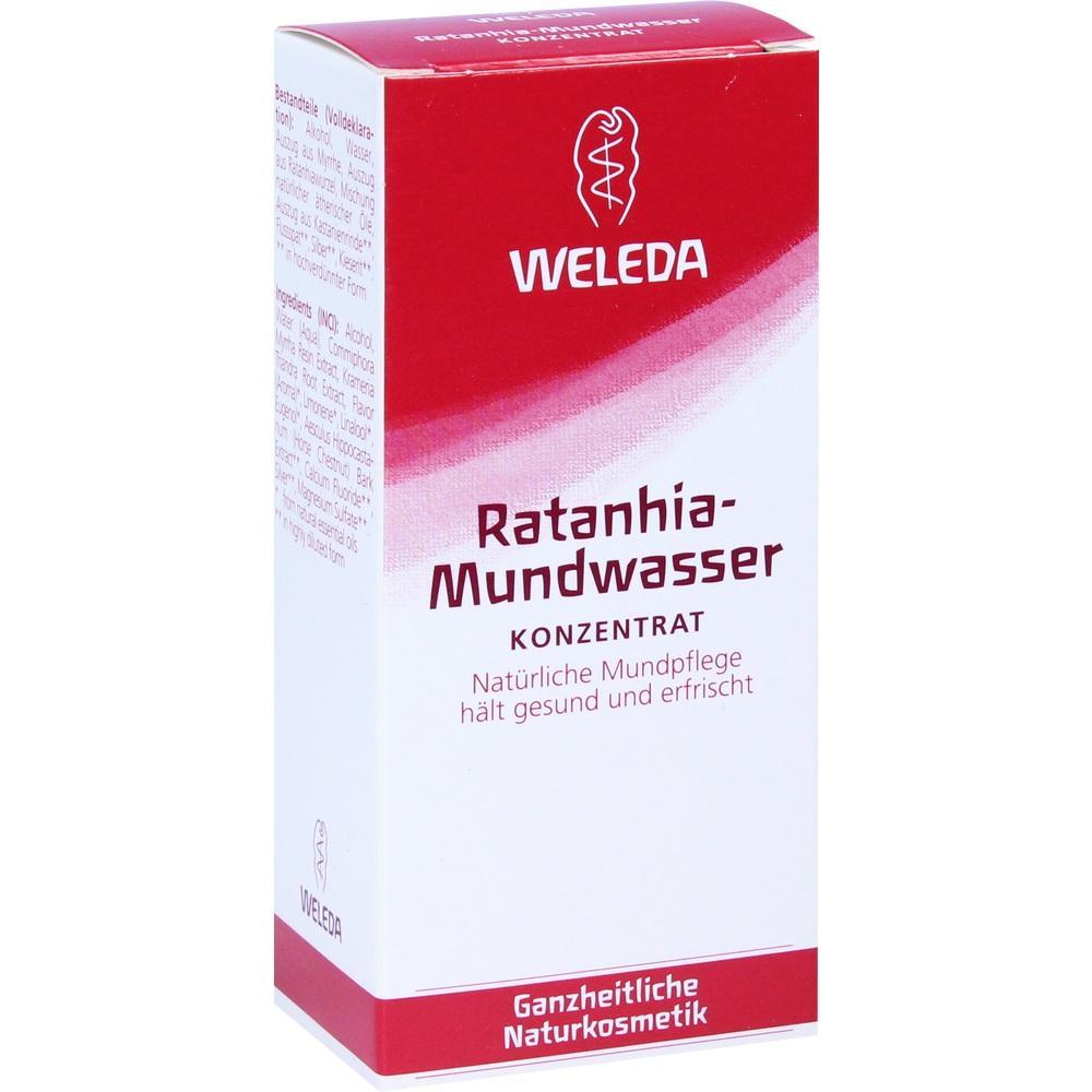 Rote Packung mit der Aufschrift "Ratanhia-Mundwasser" von Weleda.