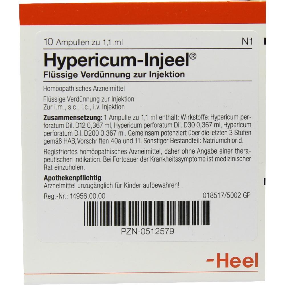 Verpackung von Hypericum-Injeel, einem homöopathischen Injektionsmittel, Apotheke erforderlich.