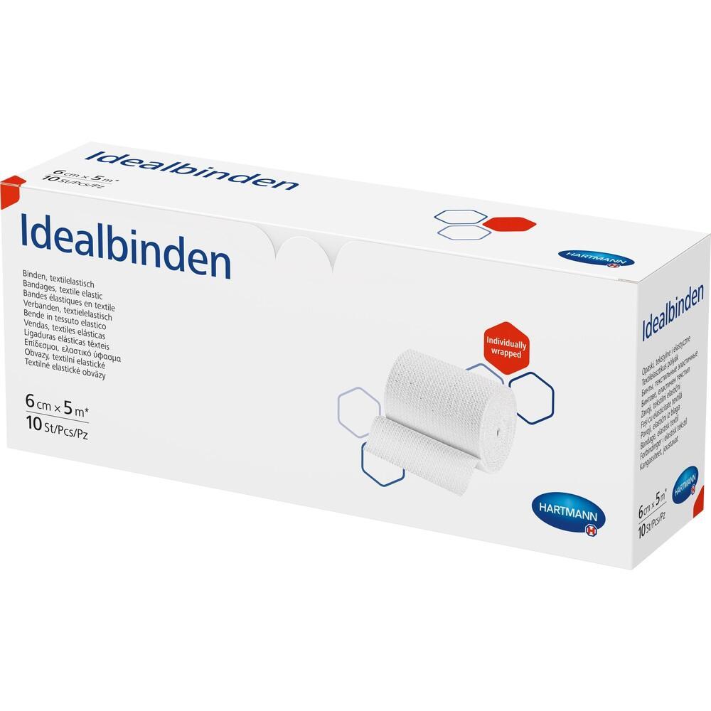 Wei&szlig;e Verpackung von elastischen Idealbinden, abgebildet ist eine gerollte Binde.
