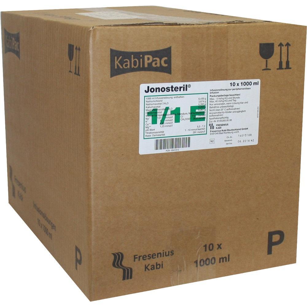 Brauner Karton mit Etikett der Marke Jonosteril f&uuml;r medizinische Infusionsl&ouml;sungen.