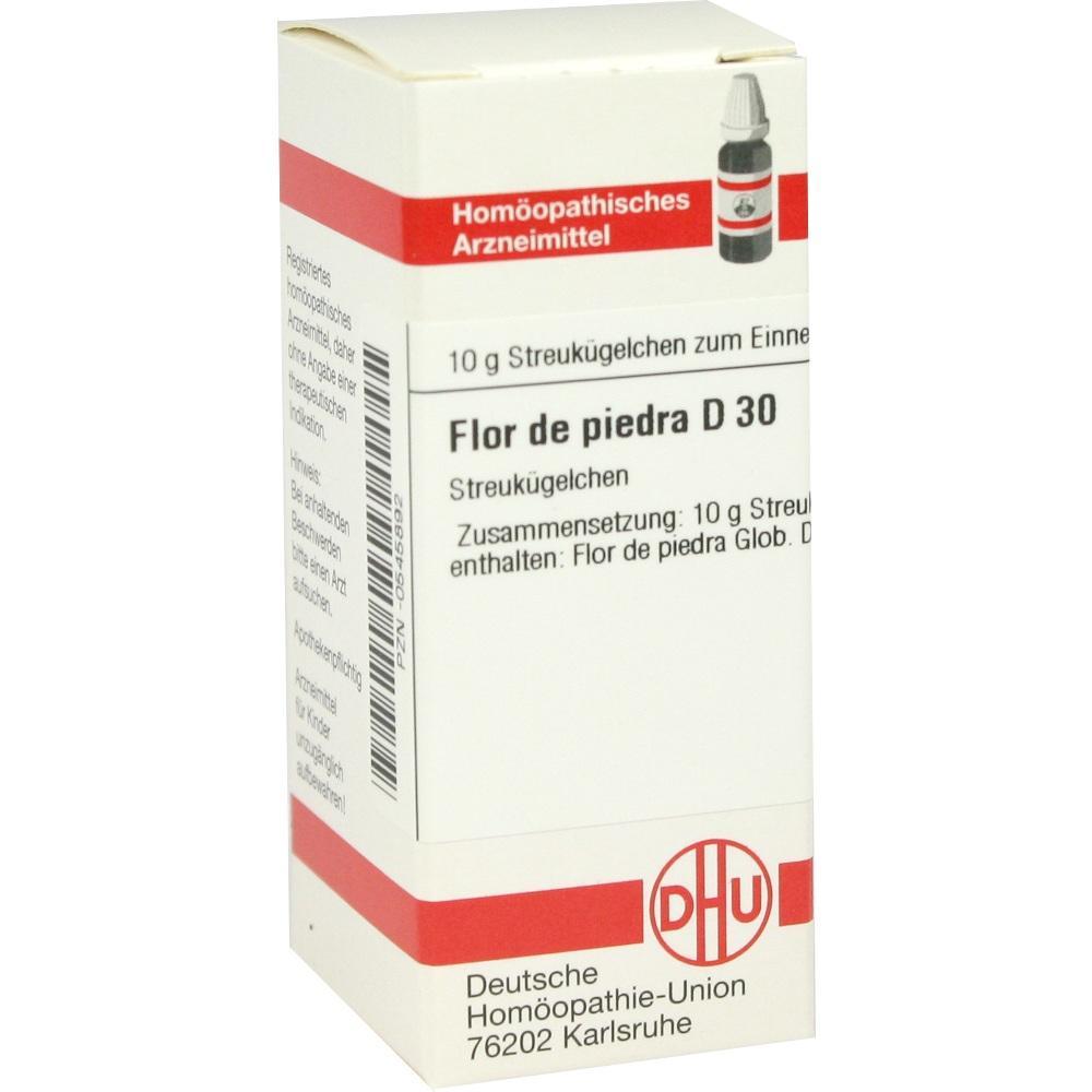 Weiße Medikamentenverpackung mit rotem Streifen, homöopathisches Mittel Flor de piedra D30.