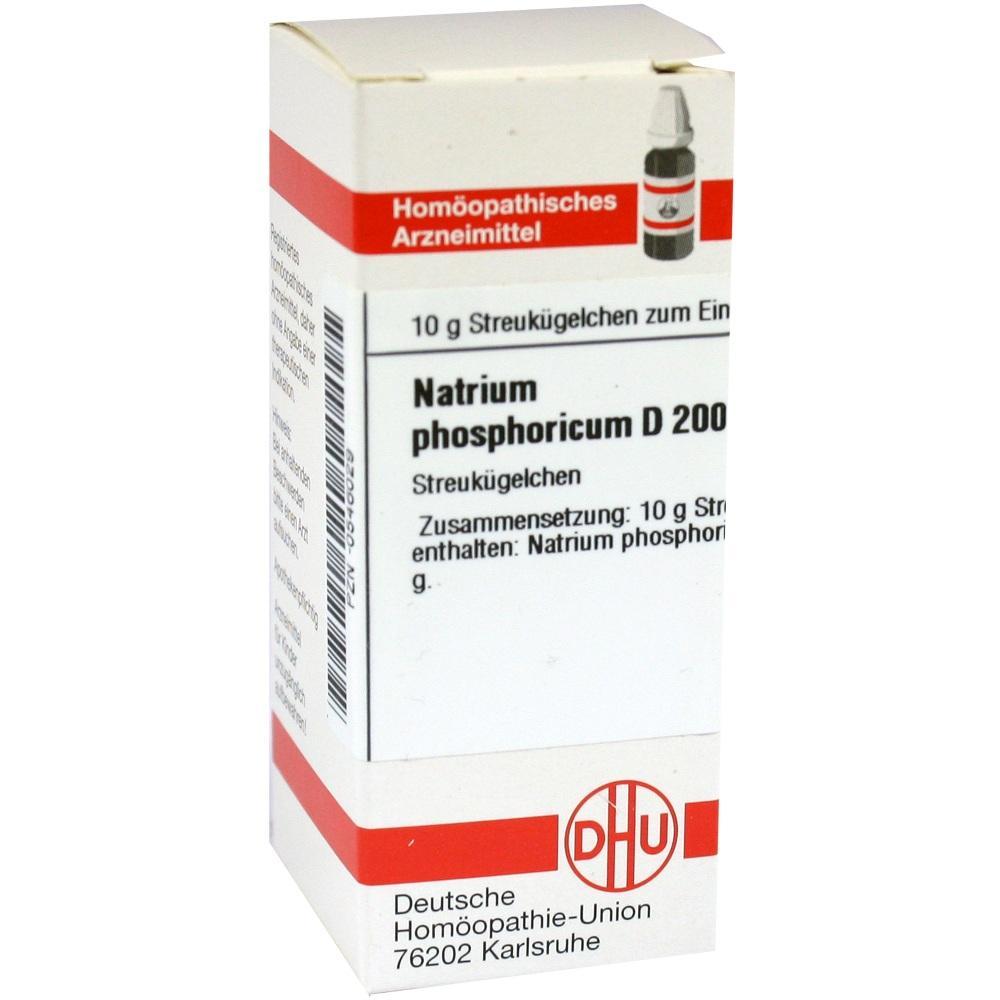 Eine Schachtel mit homöopathischen Streukügelchen von Natrium phosphoricum D 200.