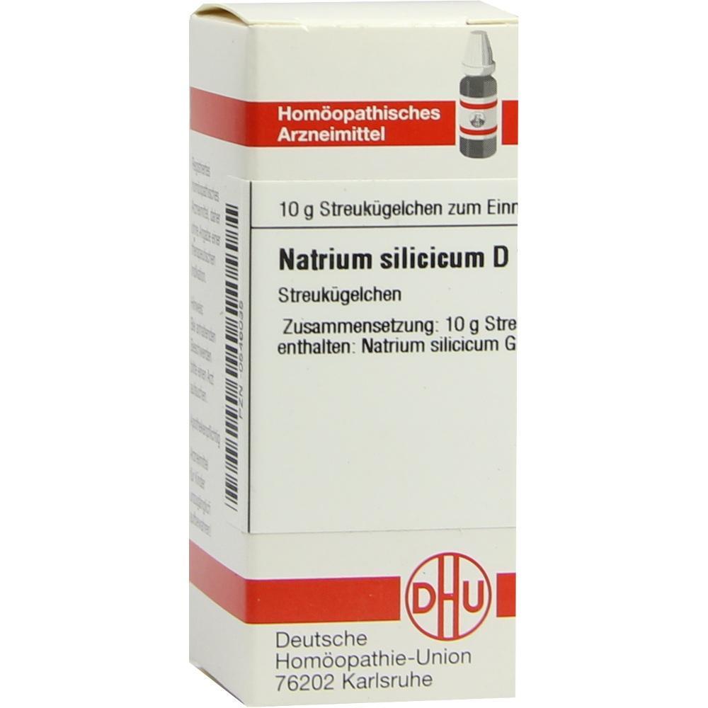 Weiße Verpackung mit rotem Aufdruck, darauf steht "Natrium silicicum D."