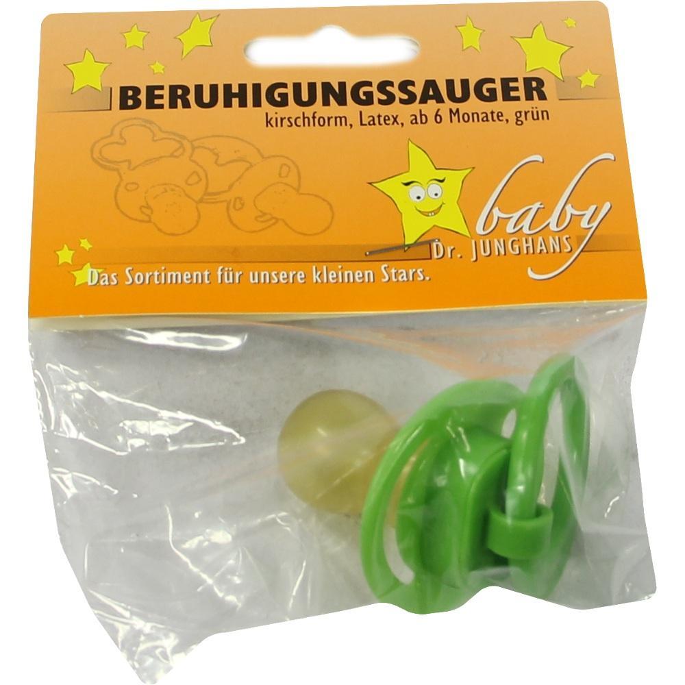 Ein grüner Beruhigungssauger für Babys ab 6 Monaten in einer Plastikverpackung.