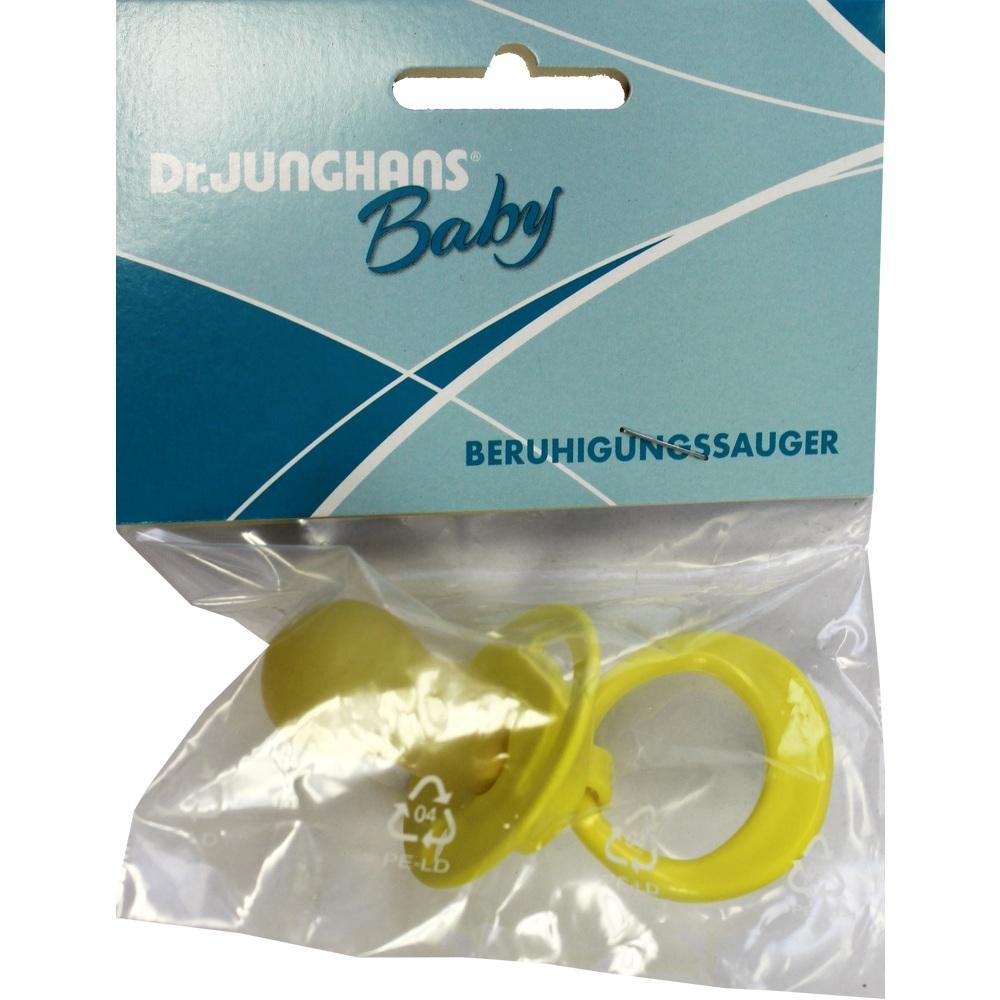 Gelber Babyschnuller in Plastikverpackung mit blauem Pappkarton oben.